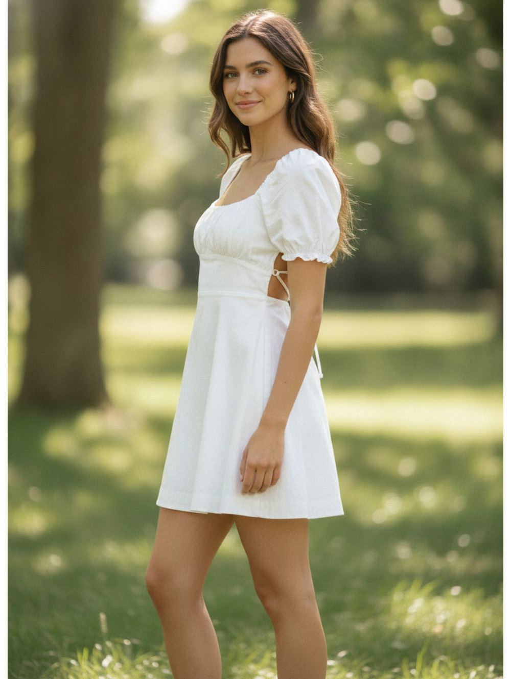 White Puff Sleeve Mini Dress with Back Tie Detail